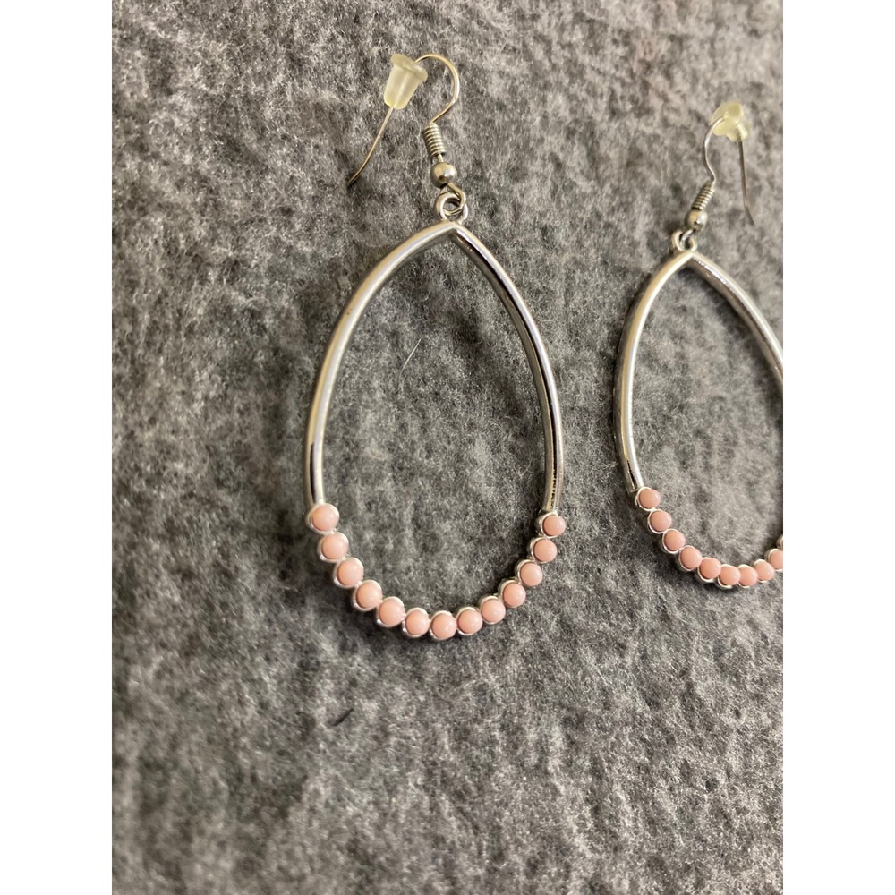 Pink Bead Silver Tone Earring Set Teardrop Hoops and Bead Drops 2 Pairs - Picture 2 of 6